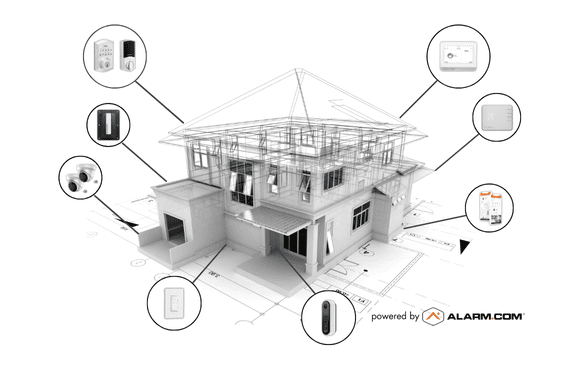 Smart locks, deadbolts, thermostat, and doorbell camera devices connected around a modern home.